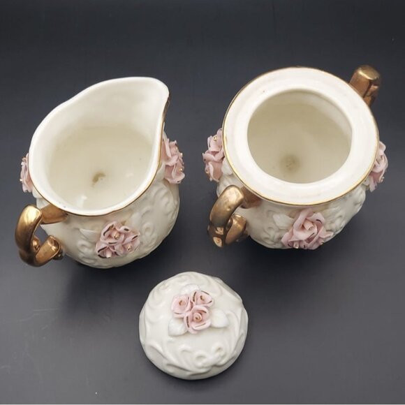 Cracker Barrel 6-Piece Porcelain Capodimonte Tea Set Gold Accents Pink Roses - Picture 13 of 14